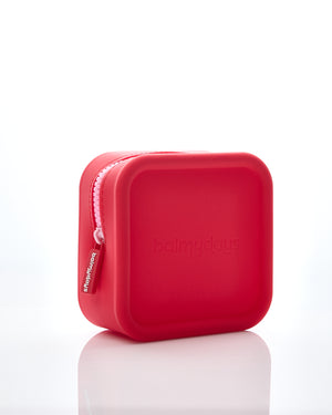 square make up bag for lip balm in red made of silicone with pink zip